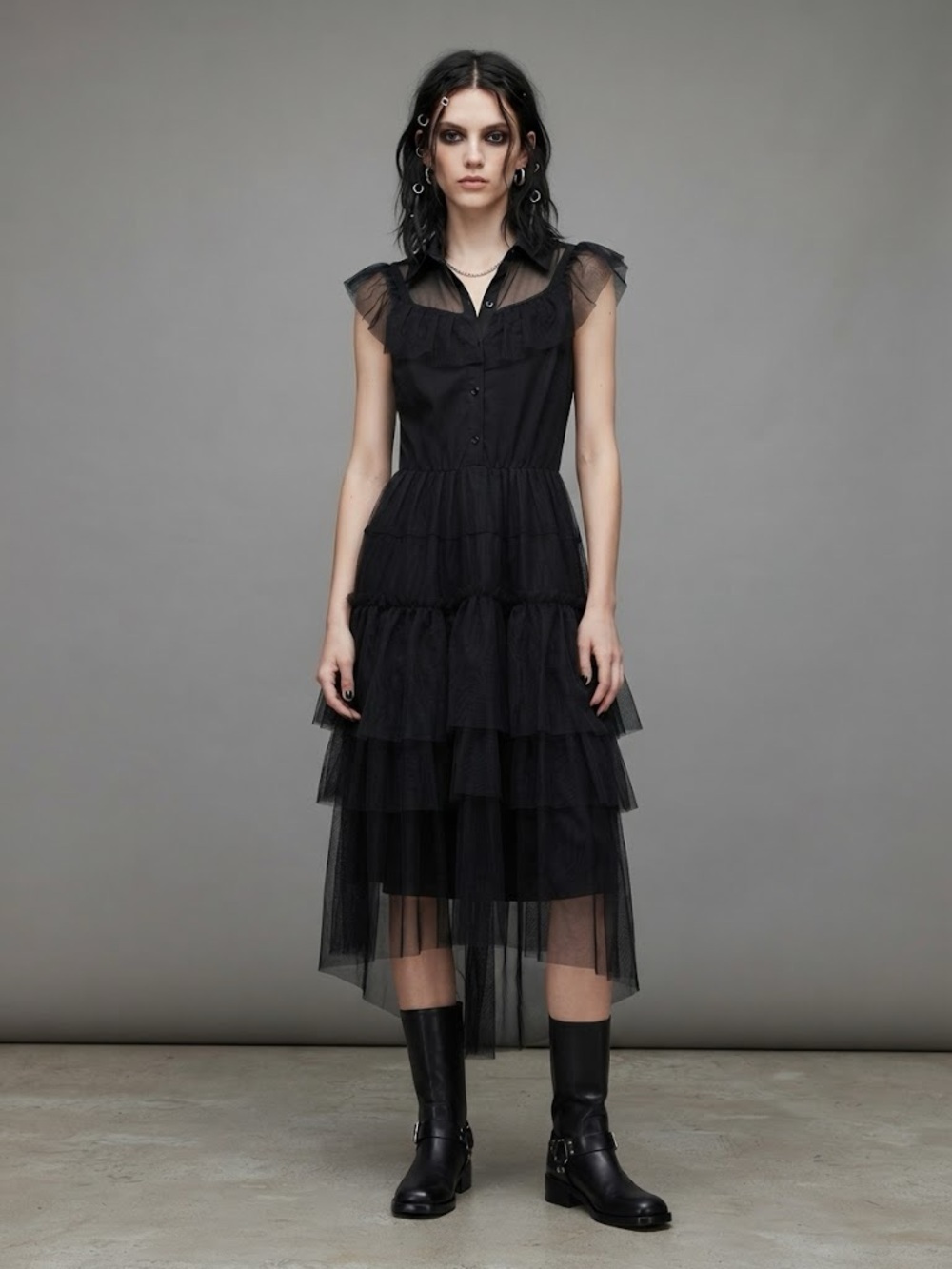 Black Tiered Tulle Midi Dress